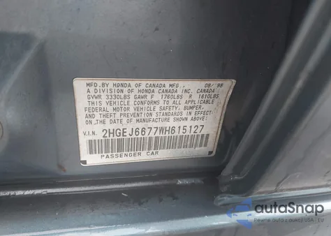 1998 Honda Civic Lx z USA, uszkodzony, nr VIN 2HGEJ6677WH615127